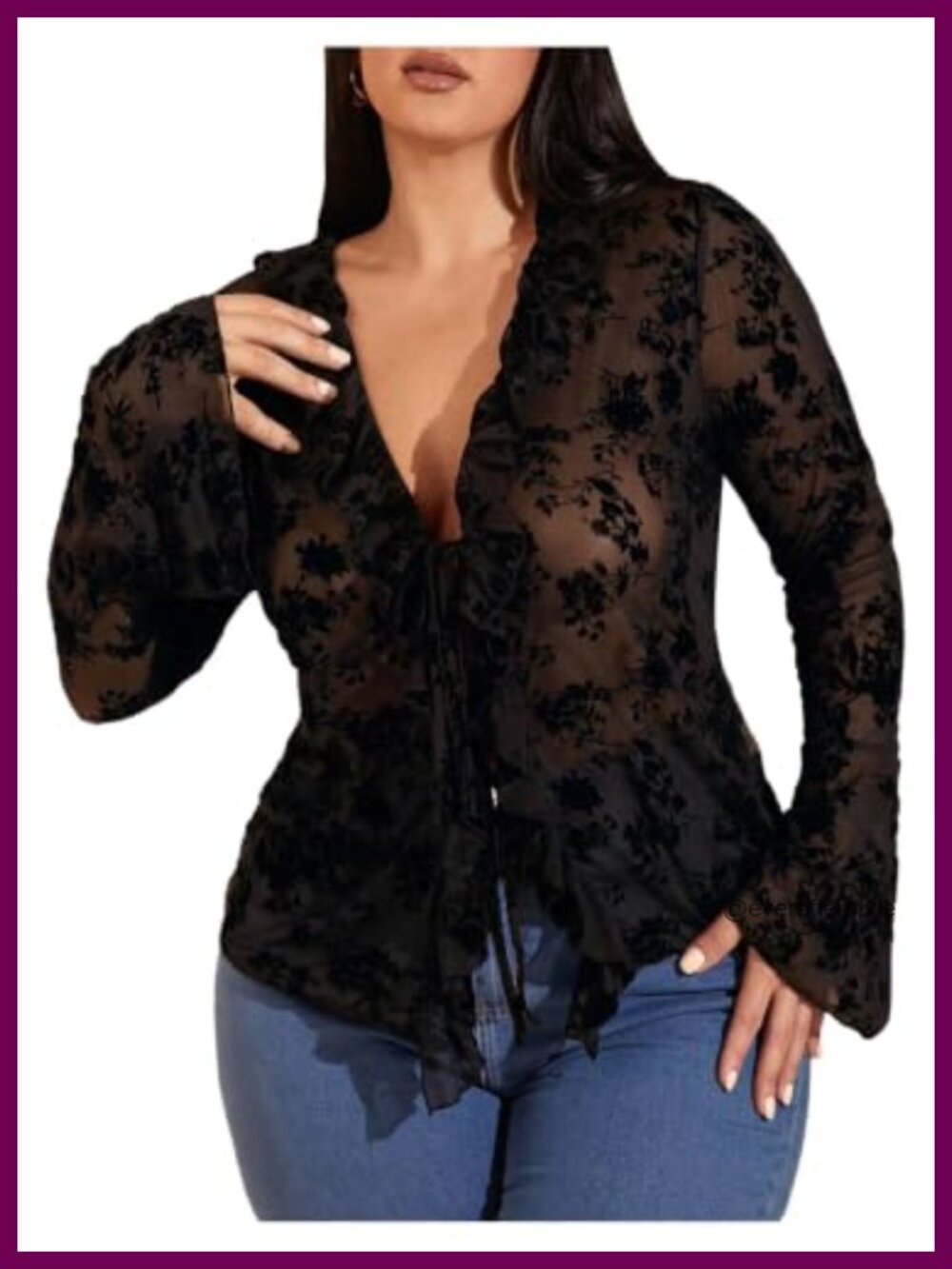 Plus Size Lace Mesh Sheer Tie Front Top